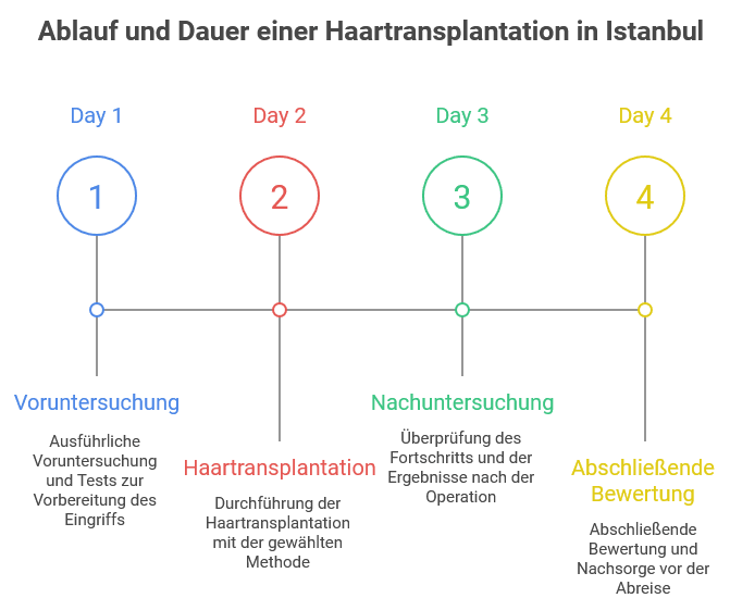 Grafik zum Ablauf und zur Dauer einer Haartransplantation in Istanbul: Tag 1 Voruntersuchung mit Tests zur Vorbereitung, Tag 2 Durchführung der Haartransplantation, Tag 3 Nachuntersuchung mit Überprüfung der Ergebnisse, Tag 4 abschließende Bewertung und Nachsorge vor der Abreise.