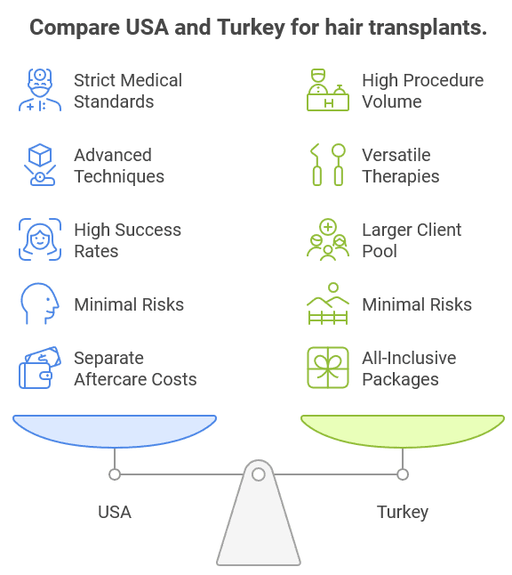 Vergleichsgrafik zwischen den USA und der Türkei bei Haartransplantationen.