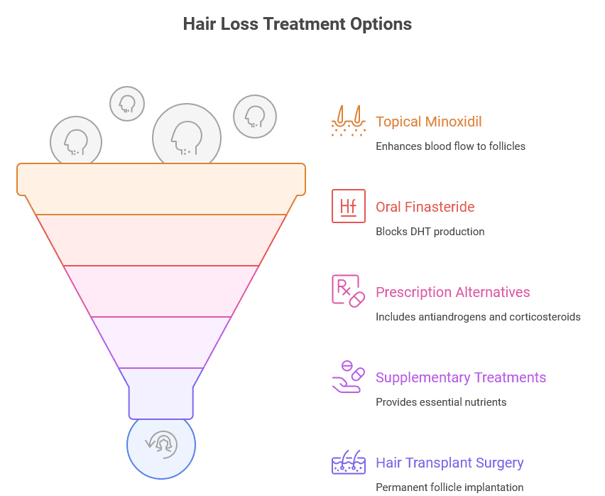 A funnel diagram titled “Hair Loss Treatment Options” showing five descending levels of hair loss treatments from least to most intensive. At the top of the funnel, symbols of heads with thinning hair are entering.